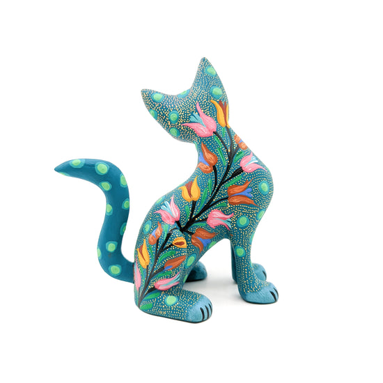 Perplexed Teal Cat with Tulips