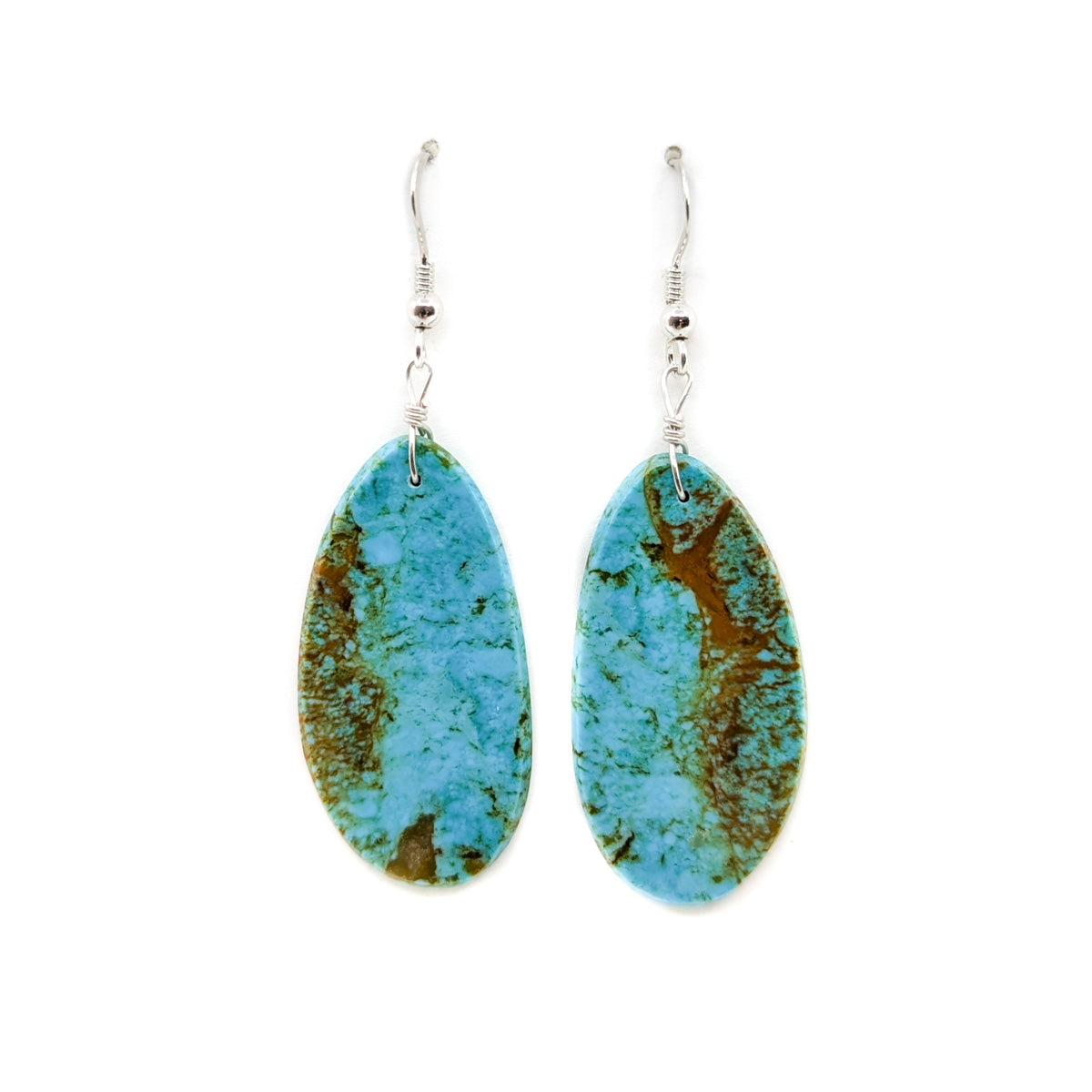 Long Oval Turquoise Slab Earrings With Brown Matrix