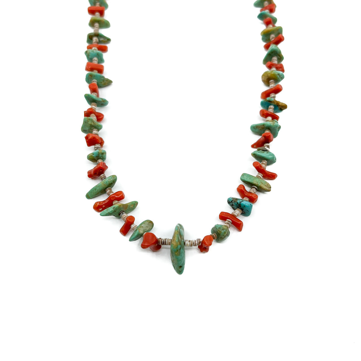 Traditional Old Style Turquoise & Coral Beaded Necklace - Santo Domingo Pueblo