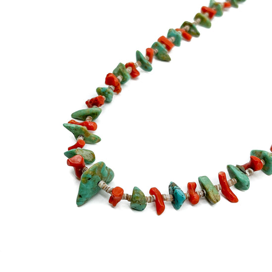 Traditional Old Style Turquoise & Coral Beaded Necklace - Santo Domingo Pueblo