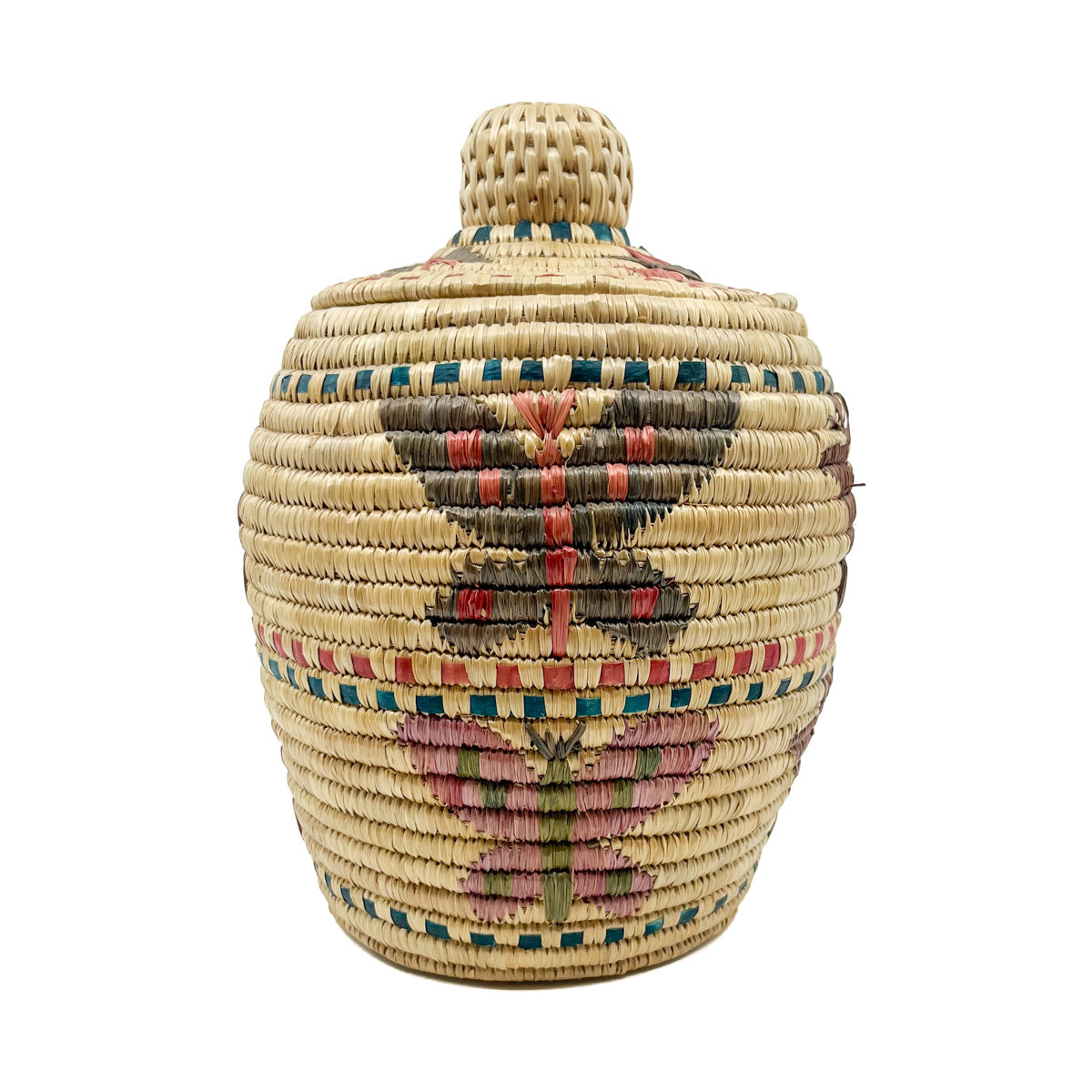 Native Alaskan Polychrome Lidded Basket with Butterflies & Caribou