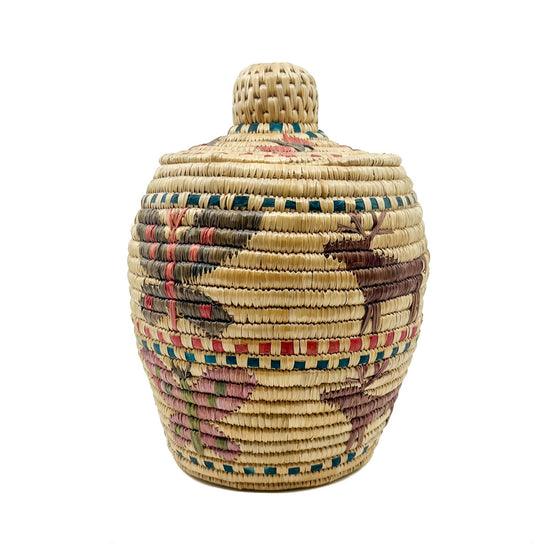 Native Alaskan Polychrome Lidded Basket with Butterflies & Caribou