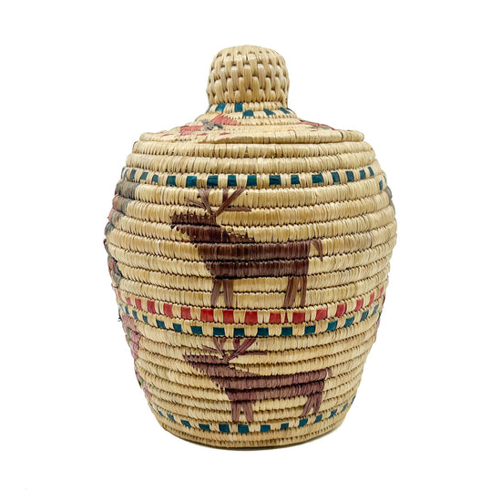 Native Alaskan Polychrome Lidded Basket with Butterflies & Caribou