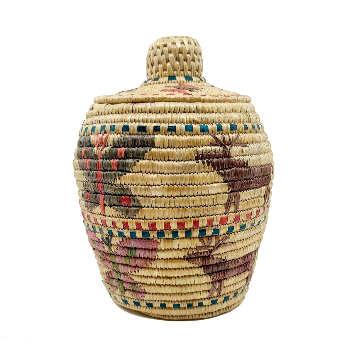 Native Alaskan Polychrome Lidded Basket with Butterflies & Caribou