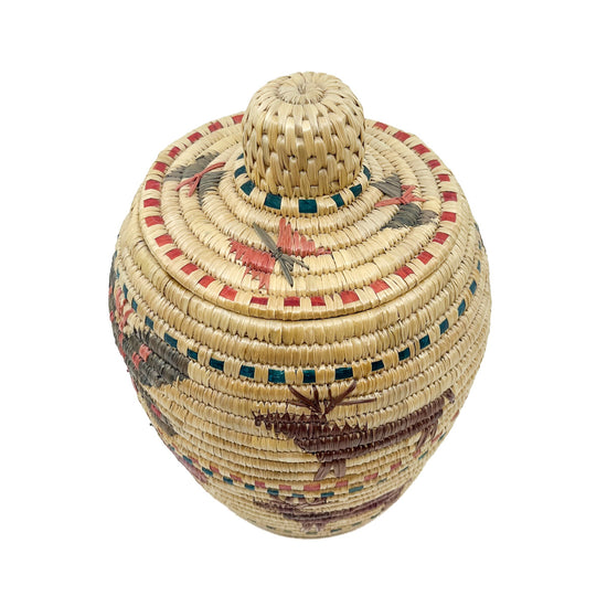 Native Alaskan Polychrome Lidded Basket with Butterflies & Caribou