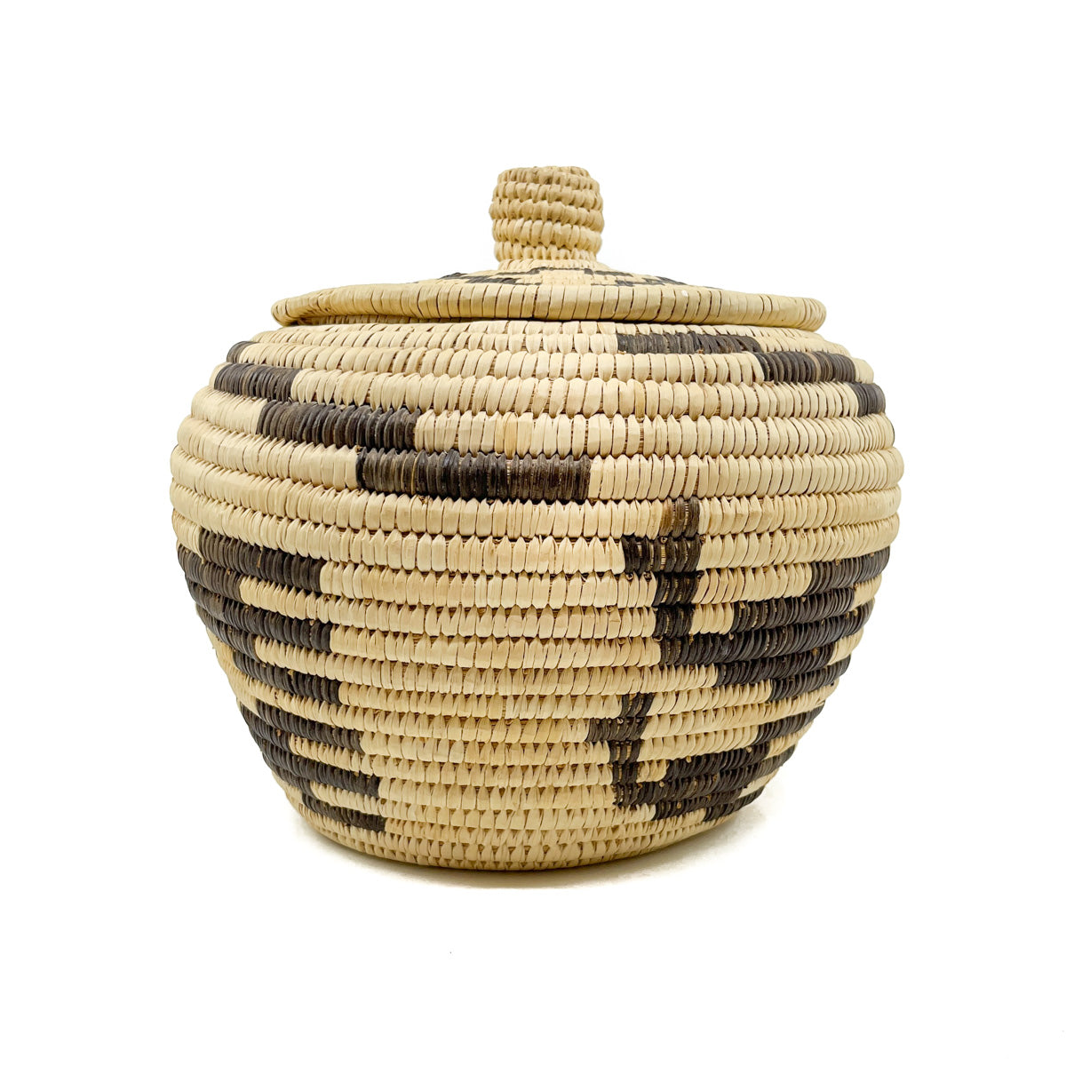 Vintage Tohono O'odham Lidded Basket with Double Rows of Doves & Lighting