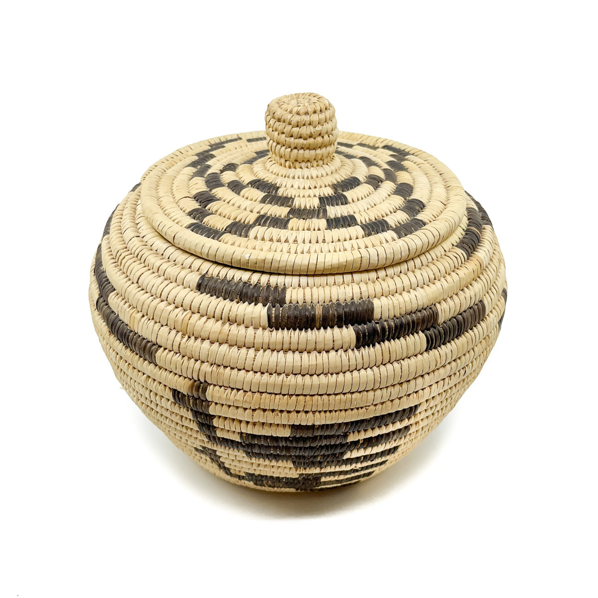 Vintage Tohono O'odham Lidded Basket with Double Rows of Doves & Lighting