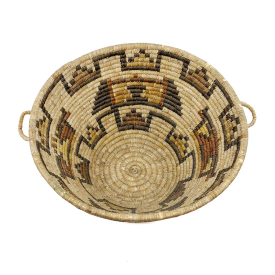 Vintage Hopi Coiled Polychrome Basket with Crow Mother & Cow Katsinas