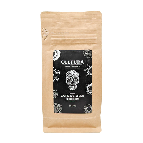 Inspired by Mexico's traditional cafe de olla, this cacao brew version blends a dark roast coffee, with ground cacao, ceylon cinnamon and piloncillo (unrefined cane sugar) Ingredients: cacao*, coffee*, piloncillo*, *ceylon cinnamon* (*organic). Directions: steep contents with 60 oz of boiling water for 5-8 minutes and then strain. French Press or stove top recommended. (6oz/170g) 10 servings Allergy Info: created in a facility that uses milk, eggs, wheat, peanuts, tree nuts Ethically sourced organic cacao