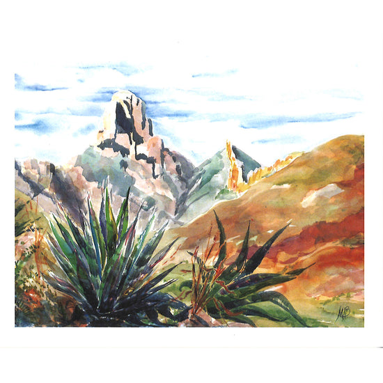 Blank notecards featuring a print of the watercolor painting "Baboquivari" by Tucson artist Martha Ames Burgess. On the reverse side of each card there is a detailed description of the subject. Card measures 4x5 inches and includes a white envelope.